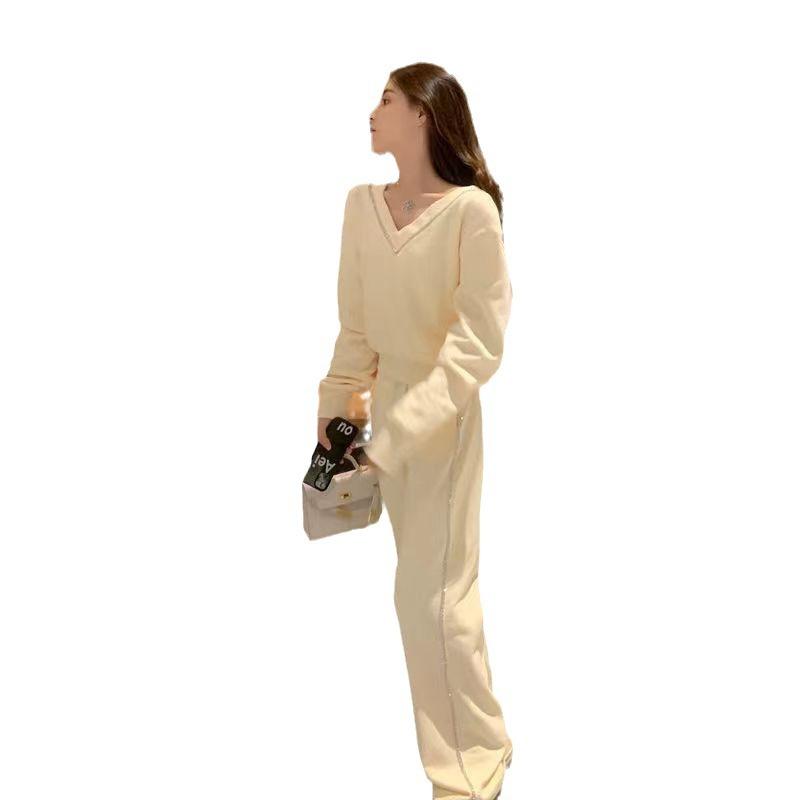 Casual Sports Suit for Women, Spring and Autumn Temperament, Slim Fit, Sweatshirt, Wide-leg Pants, Two-piece Set