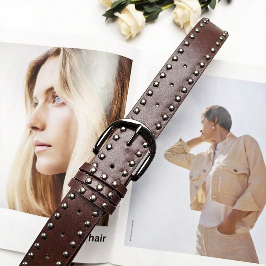 Ceinture Rivets Personnalité Punk pour Femmes Jeans Ceinture Polyvalente Mode Ceinture de Taille coffee