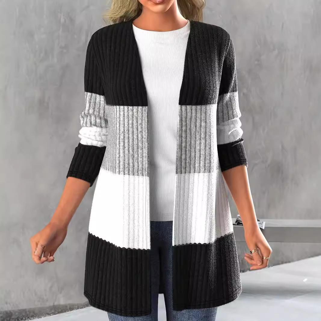 

Кардиган женский длинный сращивающийся жакет с длинным рукавом контрастная средняя длина верхняя одежда вязаный осень зима женские повседневные пальто 2XL чёрный