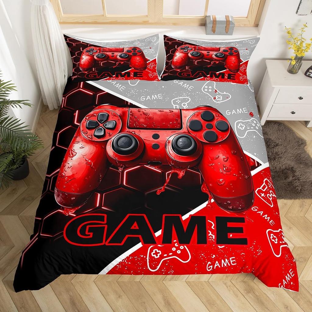 Boys Gaming Full King Duvet Cover Set,Cool Video Game Console Print Comforter Cover With Pillowcase,3D Gamepad Gamer Bedding Set