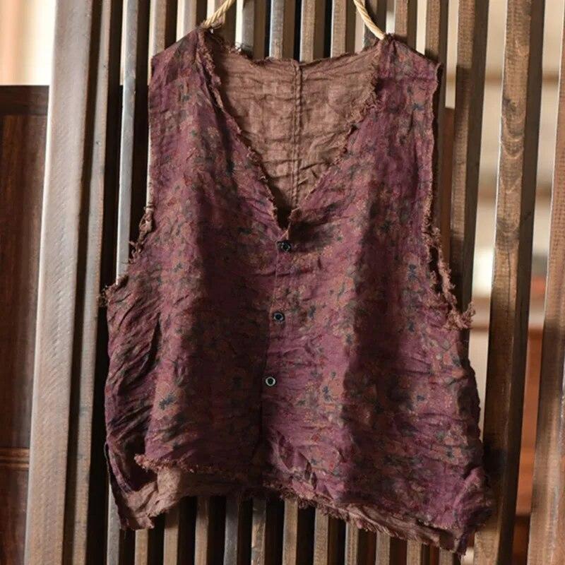Johnature Damen Tank Tops mit Vintage-Print und Blumenmuster und Knopfleiste, V-Ausschnitt, Sommer-Tops im chinesischen Stil