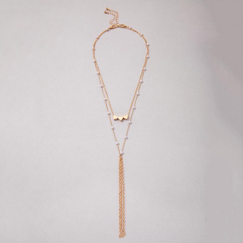 Double Chain Fringed Pearl Necklace Women's Niche Design Sense Love Collarbone Chain Versatile Neck Chain Sweater Chain