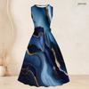 Women Plus Size Blue Marble Printed Two Piece Set Sleeveless Tie Waist Flared Dress Three Quarter Sleeve Cardigan