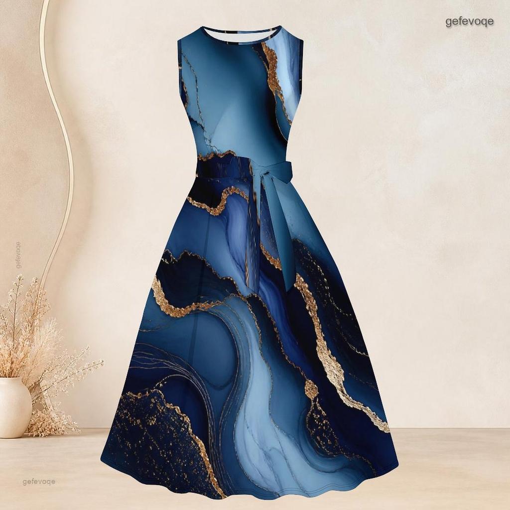 Women Plus Size Blue Marble Printed Two Piece Set Sleeveless Tie Waist Flared Dress Three Quarter Sleeve Cardigan