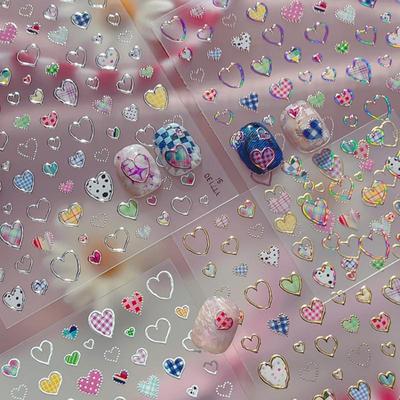 Heart-Shaped Nail Stickers Valentine'S Day Colorful Checkered Nails Art Sticker Decorations Diy 3D Self Adhesive Manicure Decals