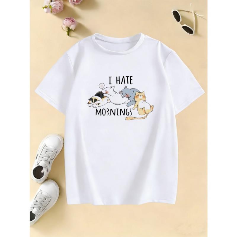 Children s T-shirt Summer Spring Kids I Hate Mornings Cute Cat Print T-shirt 100