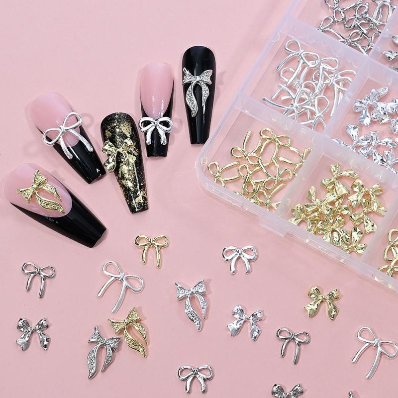 96/120Pcs 3D Gold Bow Butterfly Nail Metal Charms Shiny Bowtie/Diamond Star Diy Nail Decor Accessories Luxury Nail Art Supplies