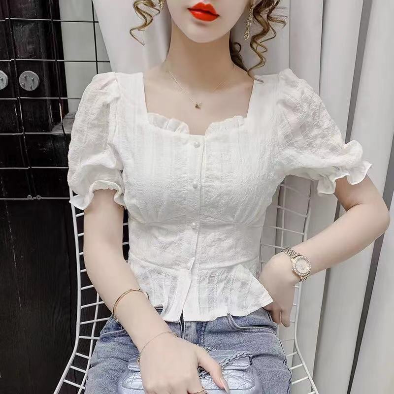 Summer New French Short-sleeved Ruffled Top Design Niche Square Collar Short Chiffon Top Women