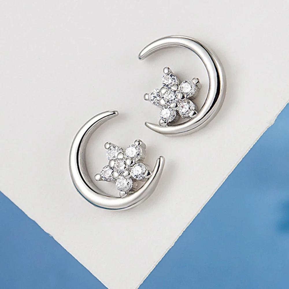 Fashion Female Earrings Sterling SIlver Moon Star Shaped Earrings for Women Sparkling Zircon Earrings Wedding Gift