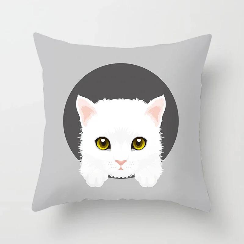 Cute Cat Round Head Home Decor Cushion Cover Naughty Cat Sofa Car Decoration 45X45Cm Pillowcase Square Polyester Pillowcase