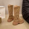 Retro British style hollow western cowboy high boots boots 2025 spring and autumn women's thick bottom but knee v mouth