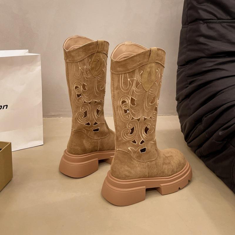 Retro British style hollow western cowboy high boots boots 2025 spring and autumn women's thick bottom but knee v mouth