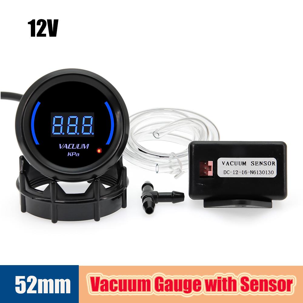 52mm Universal Gasoline Car Digital Vacuum Meter Sensor-1~0 Kpa Smoke Lens Blue LED Vaccum Gauge Black With Warning Light 12V