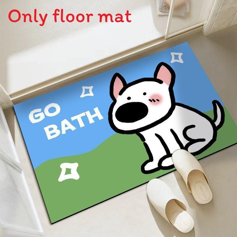 Cute Dog Cartoon Cat Checkered Pattern Diatom Mud Cushion Kitchen Carpet Toilet