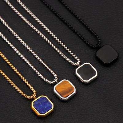 Geometric Square Necklaces For Men Natural Stone Solid Stainless Steel Polygon Pendant Necklace Casual Punk Boy Gift Jewelry