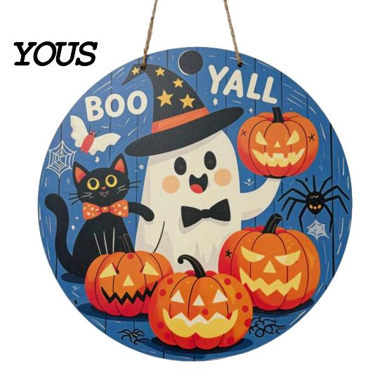 Seasonal Window Display Sign Halloween Boo Wood Door Hanger with Cute Ghost Black Hat Pumpkin Print, Front Creative Holiday Party Decor Porch