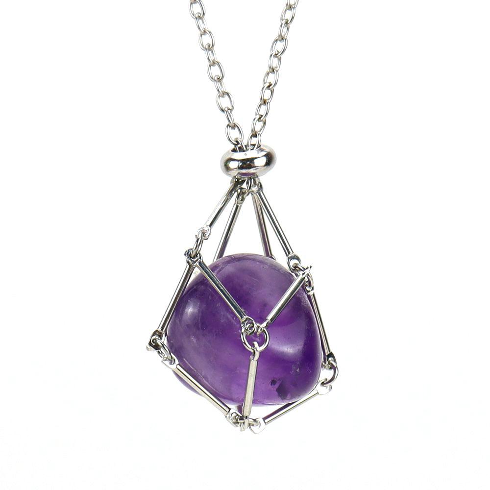 

Diy Natural Crystal Amethyst Adjustable Stainless Steel Metal Bamboo Mesh Pocket Necklace Woven Pendant N684