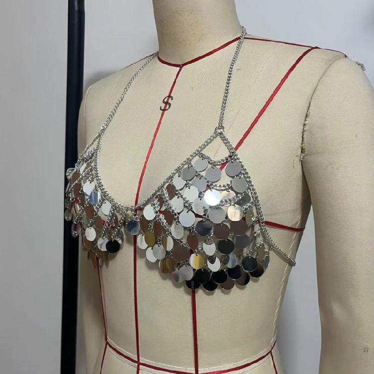 Bohemian Dance Costume Halter Bra Sequins Metal Chain Party Wear For Latin Dance Club Or Vacation Wear