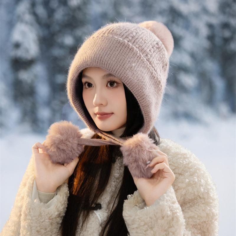 New Rabbit Fur Knitted Warm Hat Autumn and Winter Fleece Thickened Ear Protection Face Fleece Fleece Hat Women's Cold Protection Hat