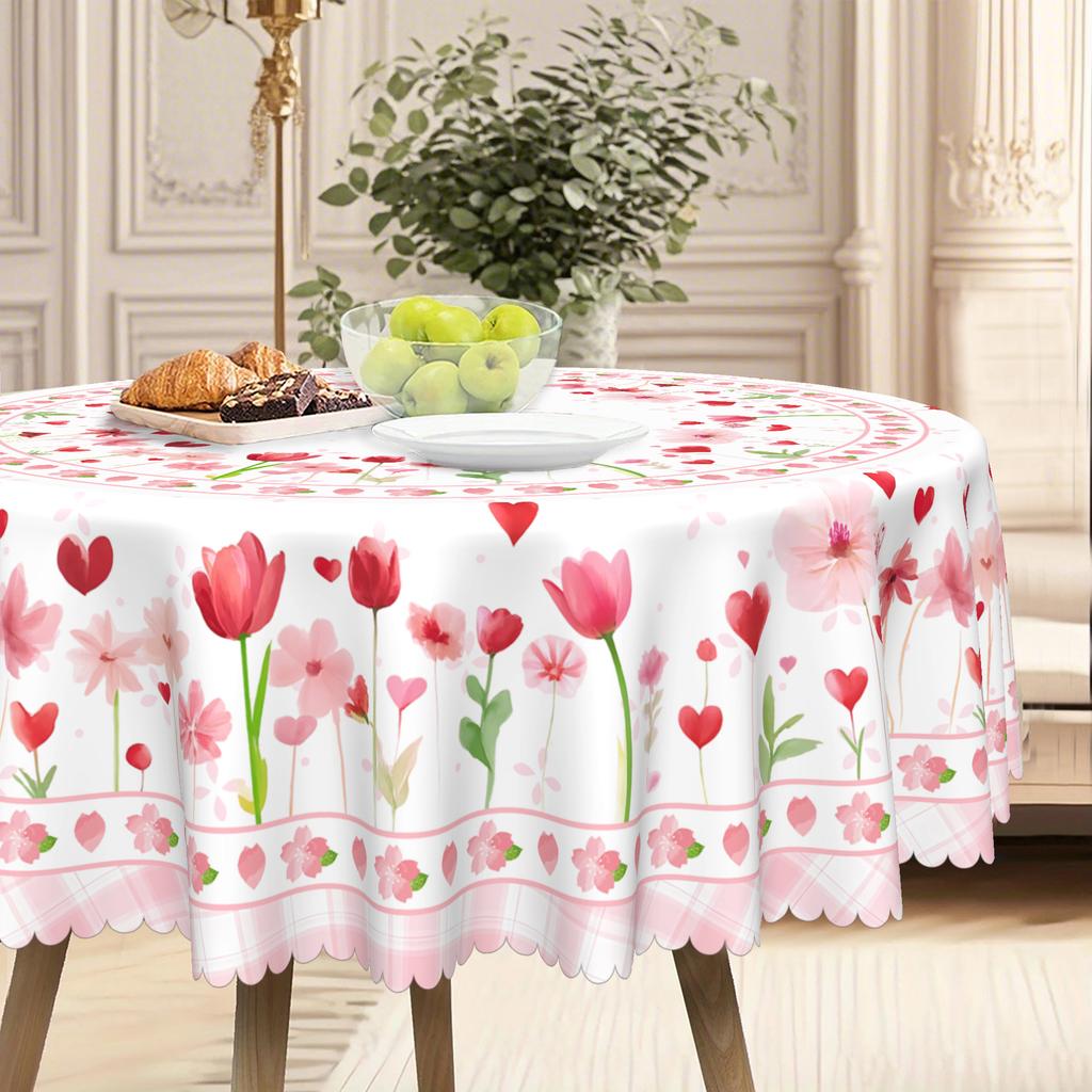 Valentine'S Day Pink Flower Cloth Round Table Cloth, Love + Flower Pattern, Lace Long Table Cloth, Home Restaurant Decoration