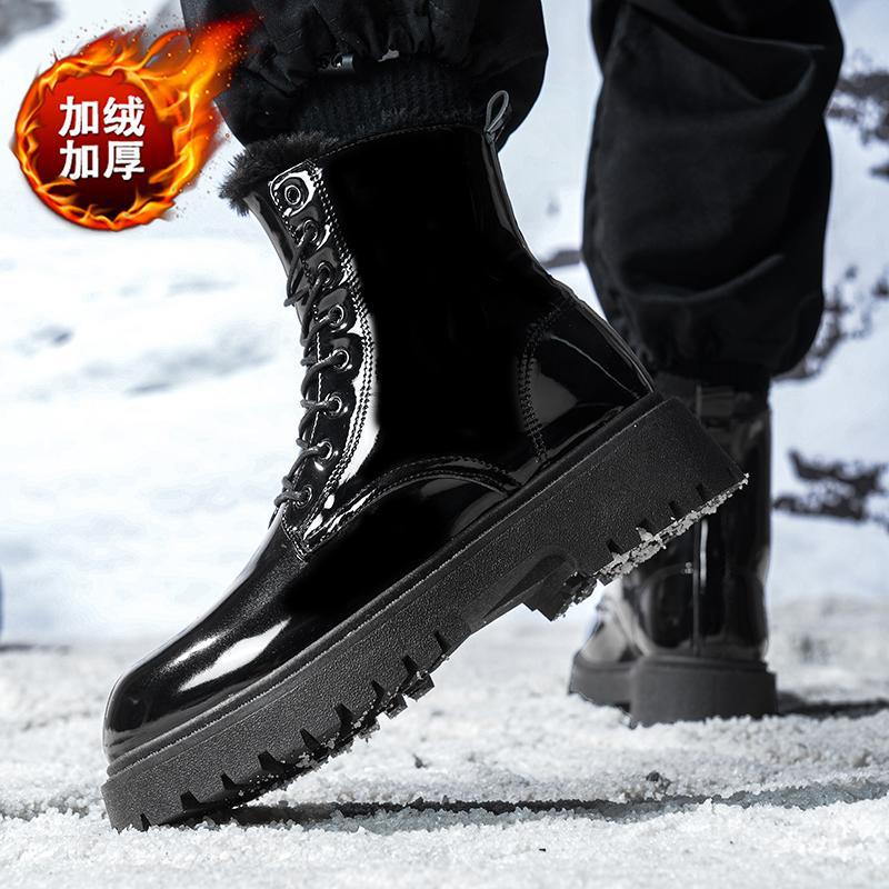 Martin Boots High-top British Style Glossy Leather Mid-top Leather Shoes Boots Winter Thick-soled Velvet Thermal Cotton Shoes