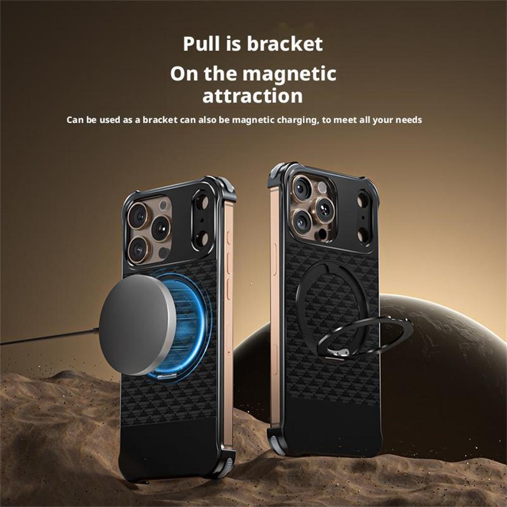 Dla iPhone 15 Pro Max Magnetyczne etui Bezramkowe Teksturowane PU+Metalowa podpórka Pokrowiec na telefon