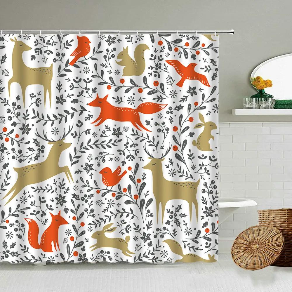 

Cartoon Hand-Painted Animal Shower Curtain, Cat, Bird, Rabbit, Plant, Flower, Child Bathroom Decor with Hook, Hanging Screen W90xH180cm