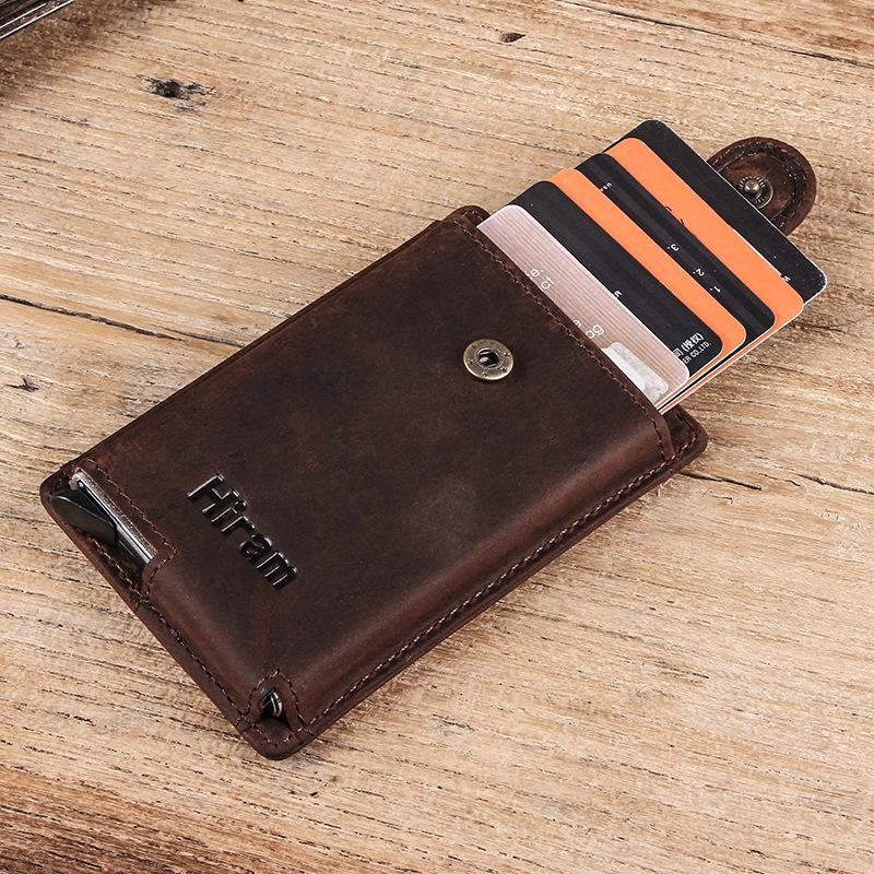 Crazy Horse Leather Anti-Theft Card Holder with Automatic Aluminum Alloy Slot and Zippered Coin Purse