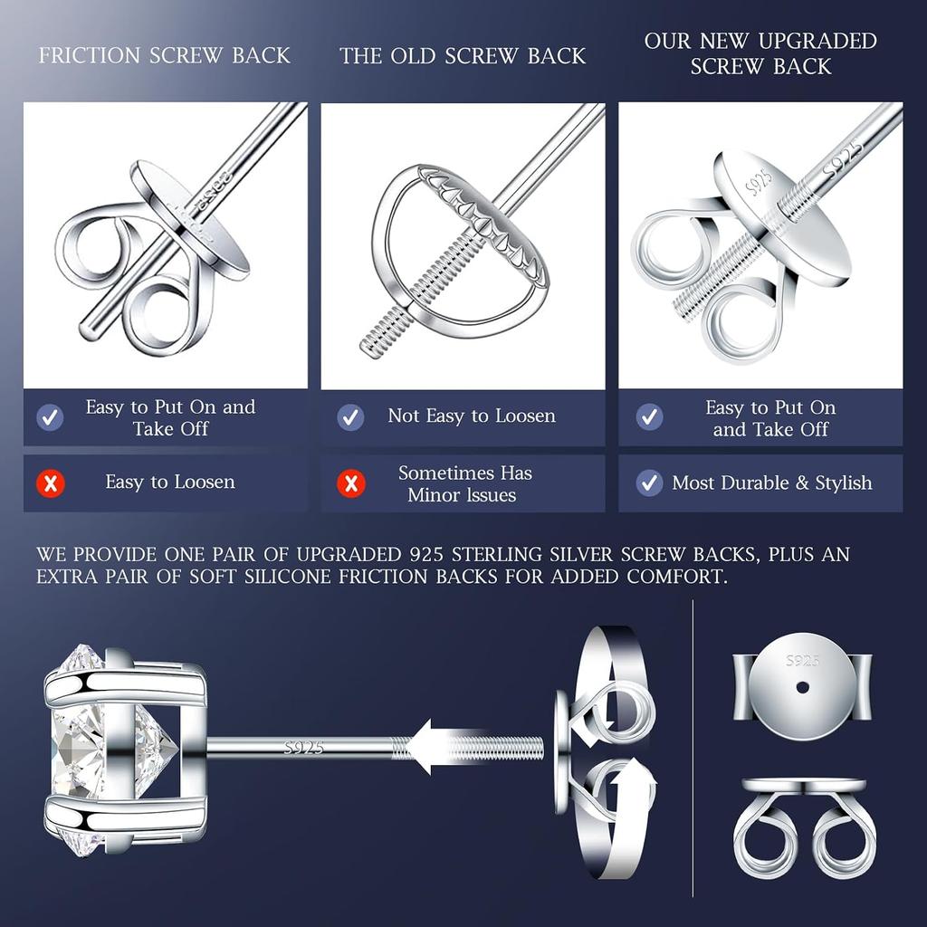 Moissanite Earrings for Men Women, 0.2ct-3.0ct Men 925 Sterling Silver Earrings, Round Cut Diamond Stud Earrings for Women