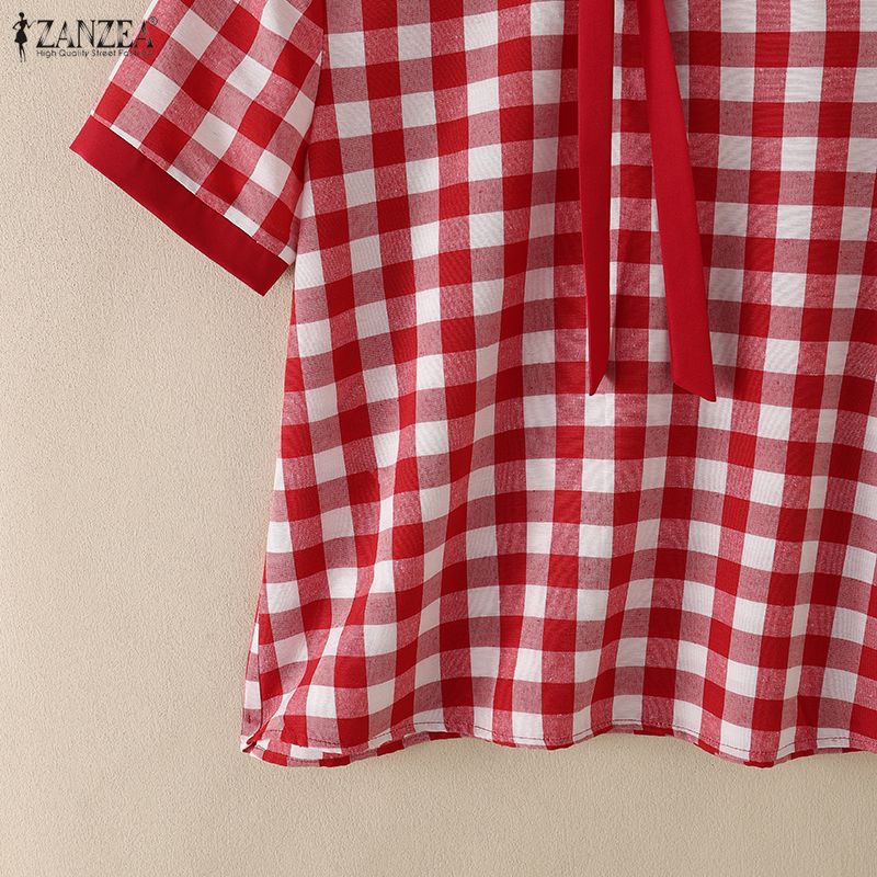 ZANZEA Women Bow Collar Casual Short Sleeve Plaid Print Blouse