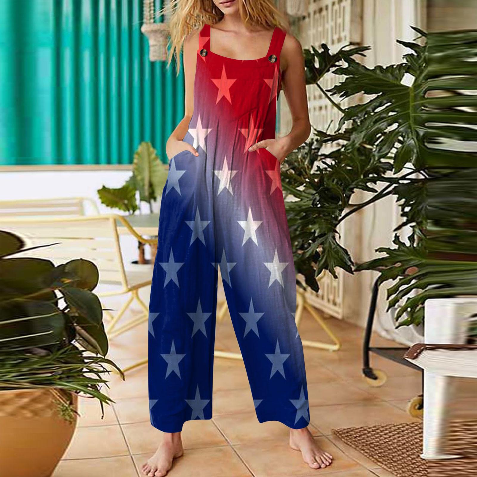 

Женский модный комбинезон на пуговицах без рукавов с принтом ко Дню независимости XXXL