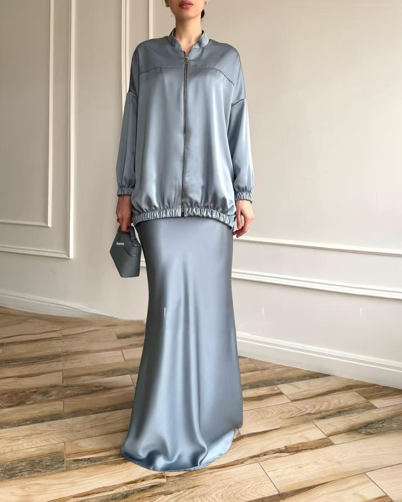 

2025 European & American Women s High-End Satin Long-Sleeve Jacket and Skirt Set L