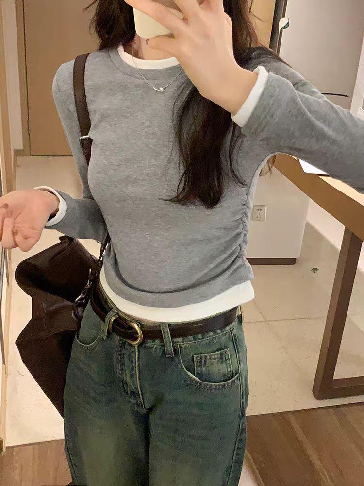 Women's Faux Two-Piece Brushed Long-Sleeve Top - Fashionable Fleece-Lined T-Shirt for Autumn/Winter