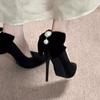 Fashion 2025 New Banquet Bow Pointy Temperament Beautiful High Heels Black with Skirt Fashion Light Mouth Single Shoes