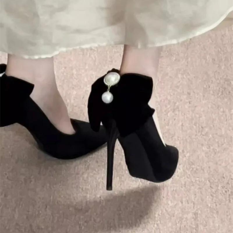 Fashion 2025 New Banquet Bow Pointy Temperament Beautiful High Heels Black with Skirt Fashion Light Mouth Single Shoes