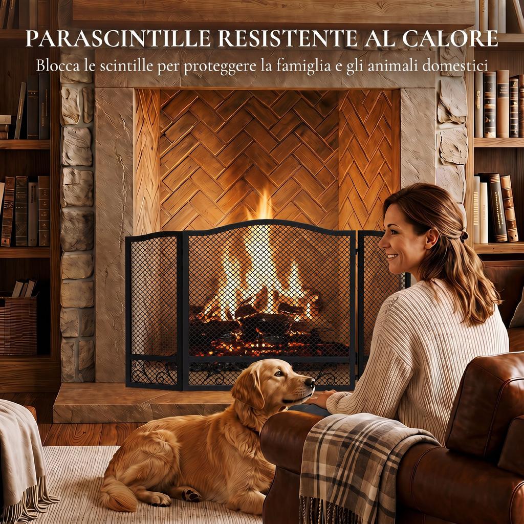 Folding 3-Panel Fireplace Spark Guard. 107x1x60cm. Black