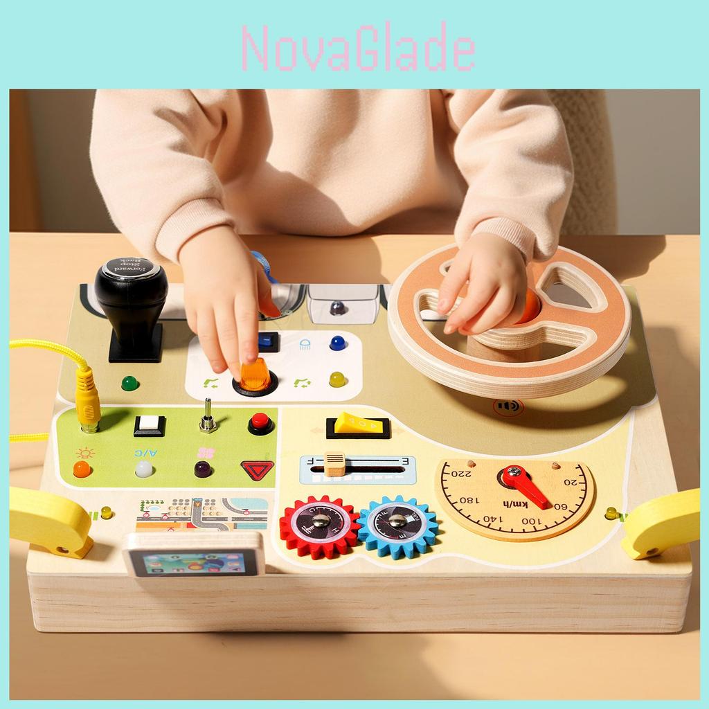 Wooden Busy Board For Children With Led Lights And Steering Wheel Design For Early Education Play