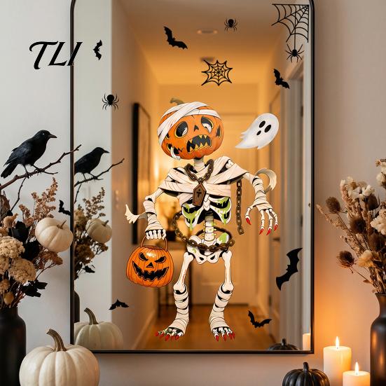 Easy Apply Glass Clings Halloween Window Clings, Pumpkins Skeletons Ghosts And Bats Print Decorative Decals, Electrostatic PVC Static