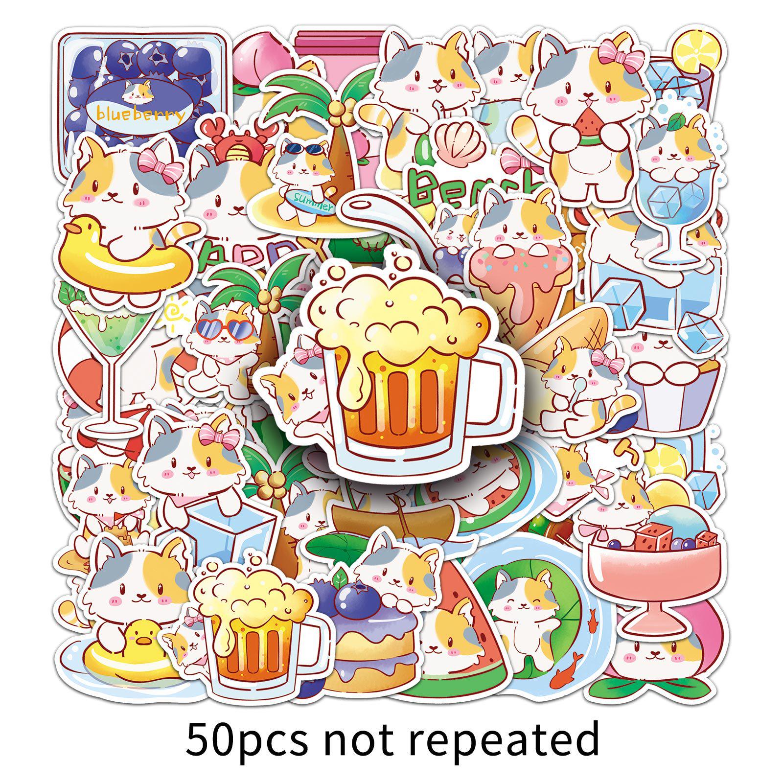 Summer Kittens Stickers: 50 Cute Waterproof Cartoon Animals for Journal Decoration