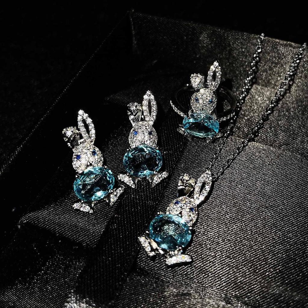 QTT Cute Rabbit Jewelry Set 925 Sterling Silver Necklace Ring Earrings Set Jewelry Set Blue Cubic Zirconia Birthday Gift