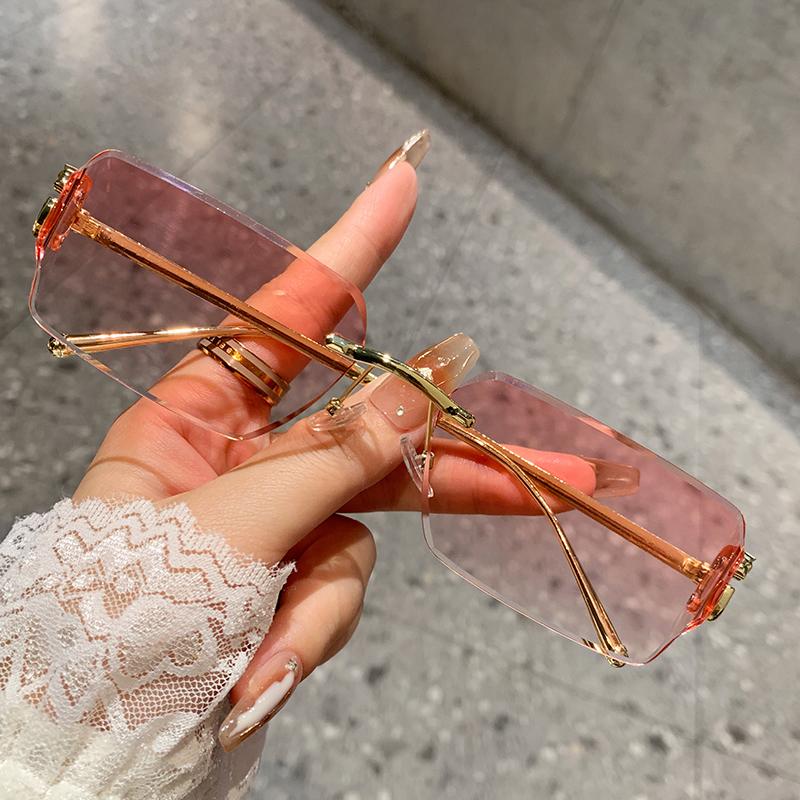 Frameless Square Sunglasses For Women Men's New Narrow Frame Sunglasses Retro Leopard Head Metal Sunscreen 90282