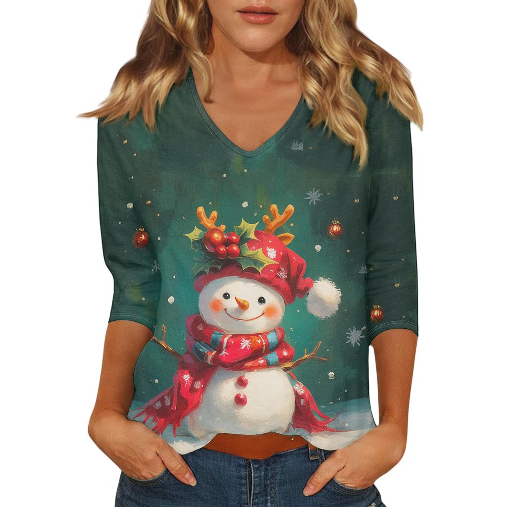 Ladies' Christmas Printed Fashionable Casual Seven Quarter Sleeved V-neck Top