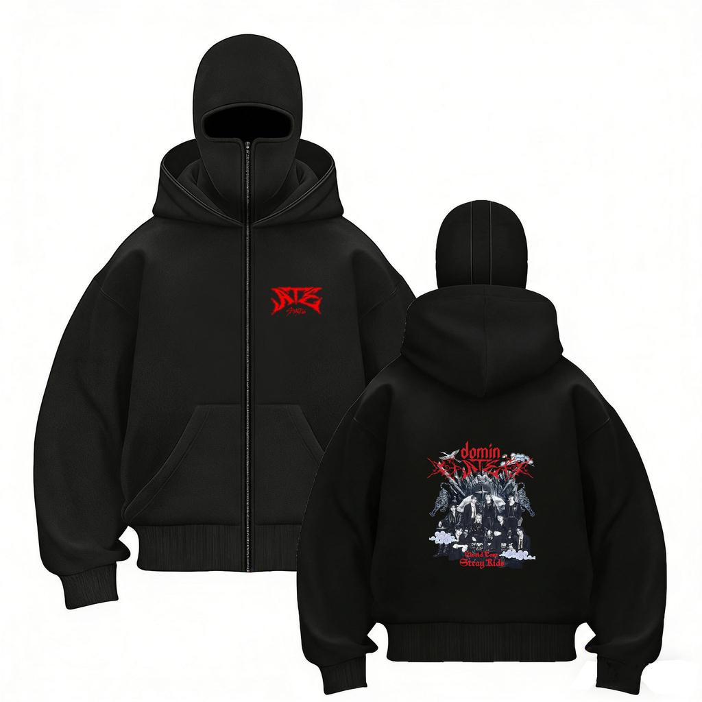 Stray Kids Skz Harajuku Printed Stray Kids Double Hood Zip-Up, Harajuku Print SKZ Hoodie for STAY Two-hat Zip-up Shirt for Men and Women