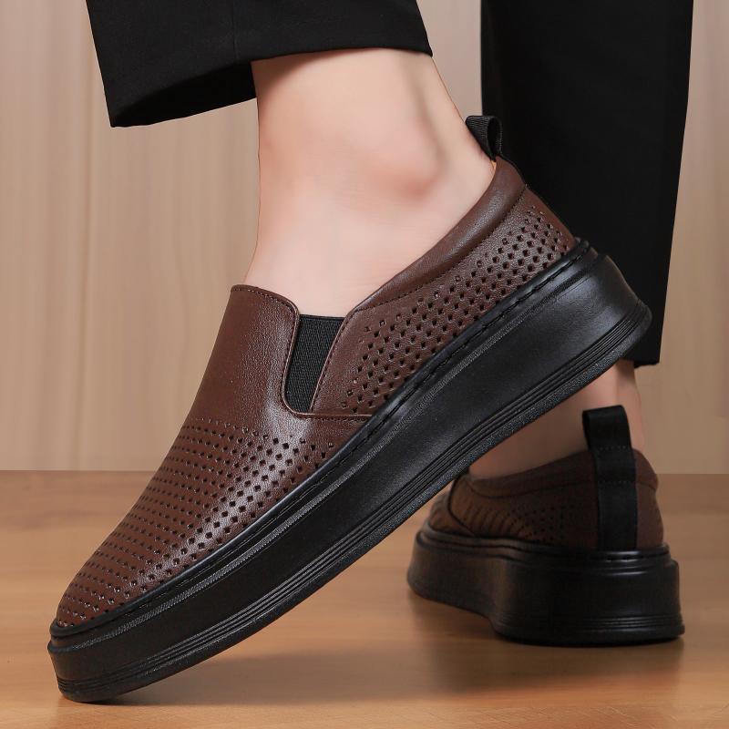 Fashion Male Breathable Genuine Leather Punching Simple Loafers Comfty Casual Slip-ons Man Walking Shoe Summer Men Shoes Hiking Footwear