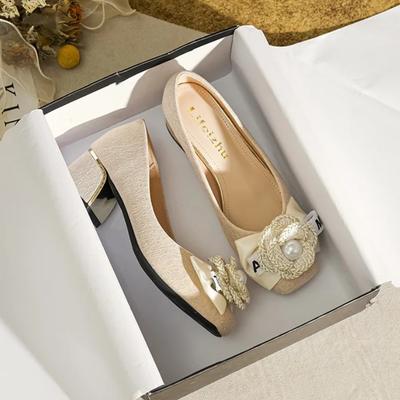 Euro Designer Damenschuhe Moderne Pumps Mädchen Schöne Perlenblumen High Heel Schuhe Luxuriöse Schleife Kleiderschuhe