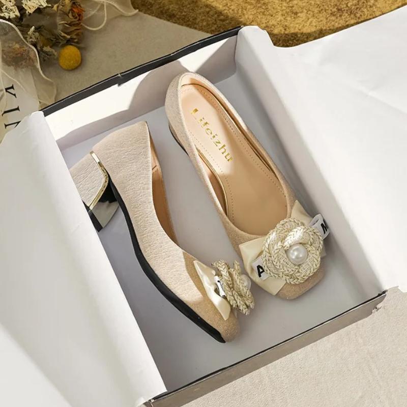 Euro Designer Women Shoes Modern Pumps Girl Beautiful Pearl Flowers High Heel Shoes Luxury Bowknot Dress Shoes