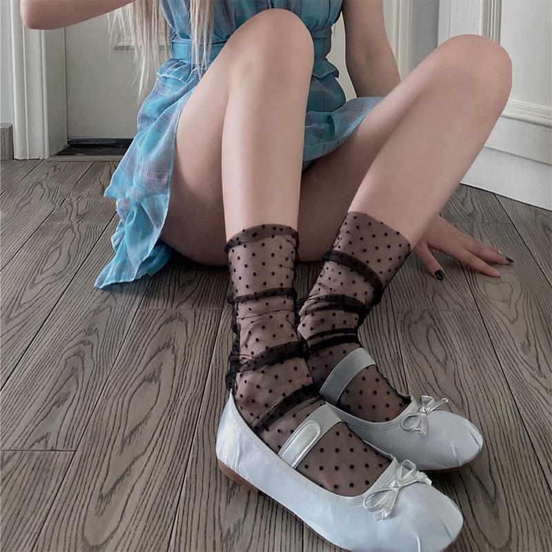1 Pair Spring and Summer Thin Transparent Mesh Breathable Stacking Socks Japanese JK Lace Polka Dot Lace Up Mid Length Socks
