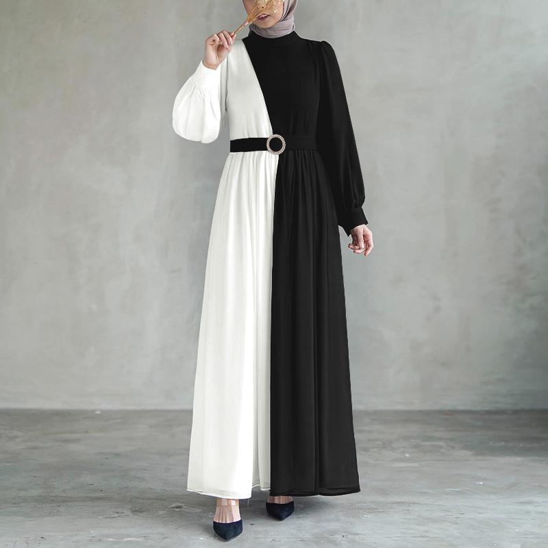 

ZANZEA Жіноча повсякденна вільна довга сукня в стилі печворк з круглим вирізом і довгим рукавом XL білий