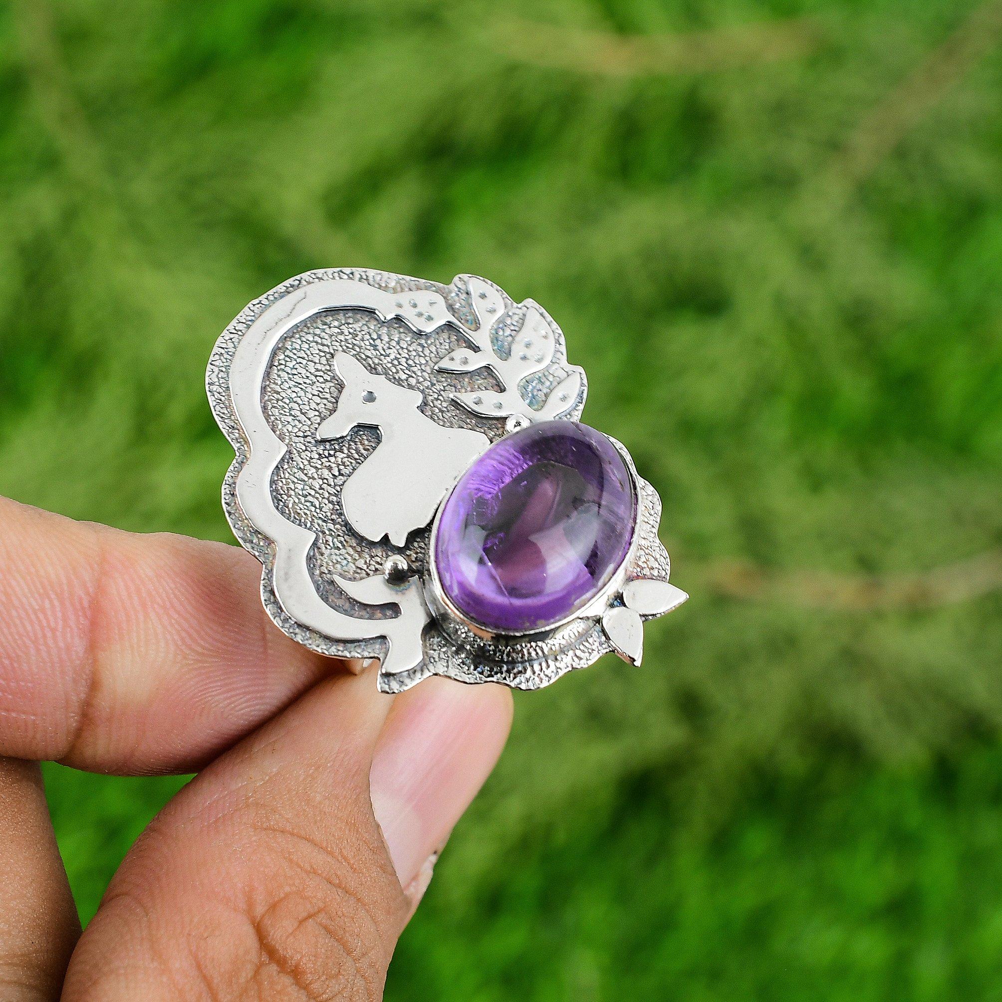 

Sterling Silver Natural African Amethyst Wedding Promise Statement Bezel Ring Adjustable