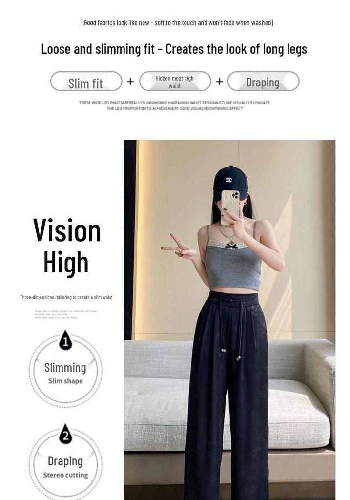 2025 Spring/Summer Women's Jacquard Satin Wide-Leg Pants: High-Waist, Buttoned, Slim-Fit, Casual Trousers.
